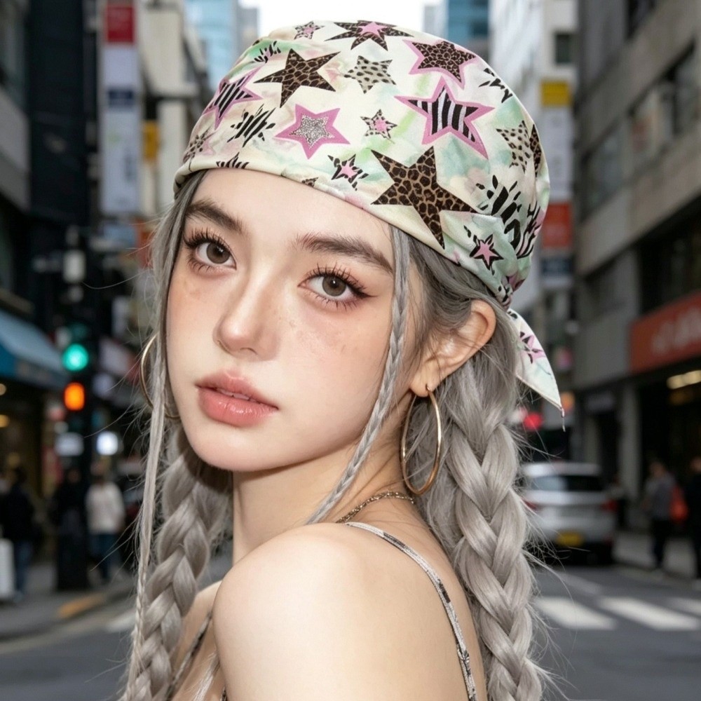 Women'S Fashion Edgy - 耐久性のあるヴィンテージスクエアスカーフ、レオパードスタープリント、Y2Kスタイルのヘッドスカーフ、スイートエッジィ、軽量ヘアスカーフ、ネクタイ、バッグチャーム
