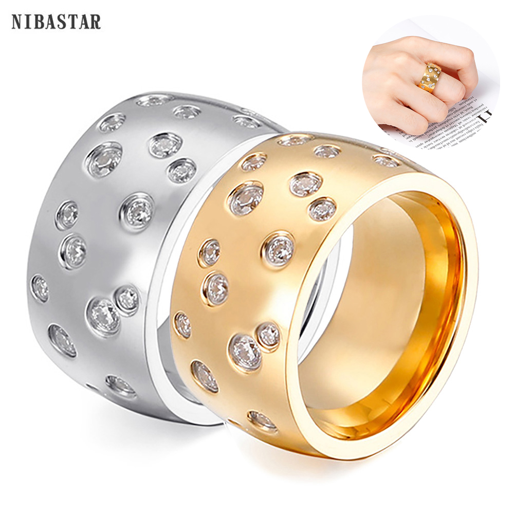 Women'S Fashion Retailers - NIBASTAR シンプルなステンレス鋼の女性 10 ミリメートルリングシャイニングクリスタル結婚式の約束ジュエリーアクセサリー卸売小売
