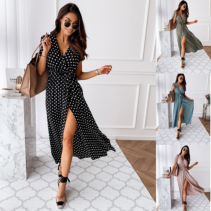 Maxi Dress Boho - 夏用ボヘミアンポルカドットプリントVネック半袖マキシドレスドレスフローリージャンプスーツプレイスーツ