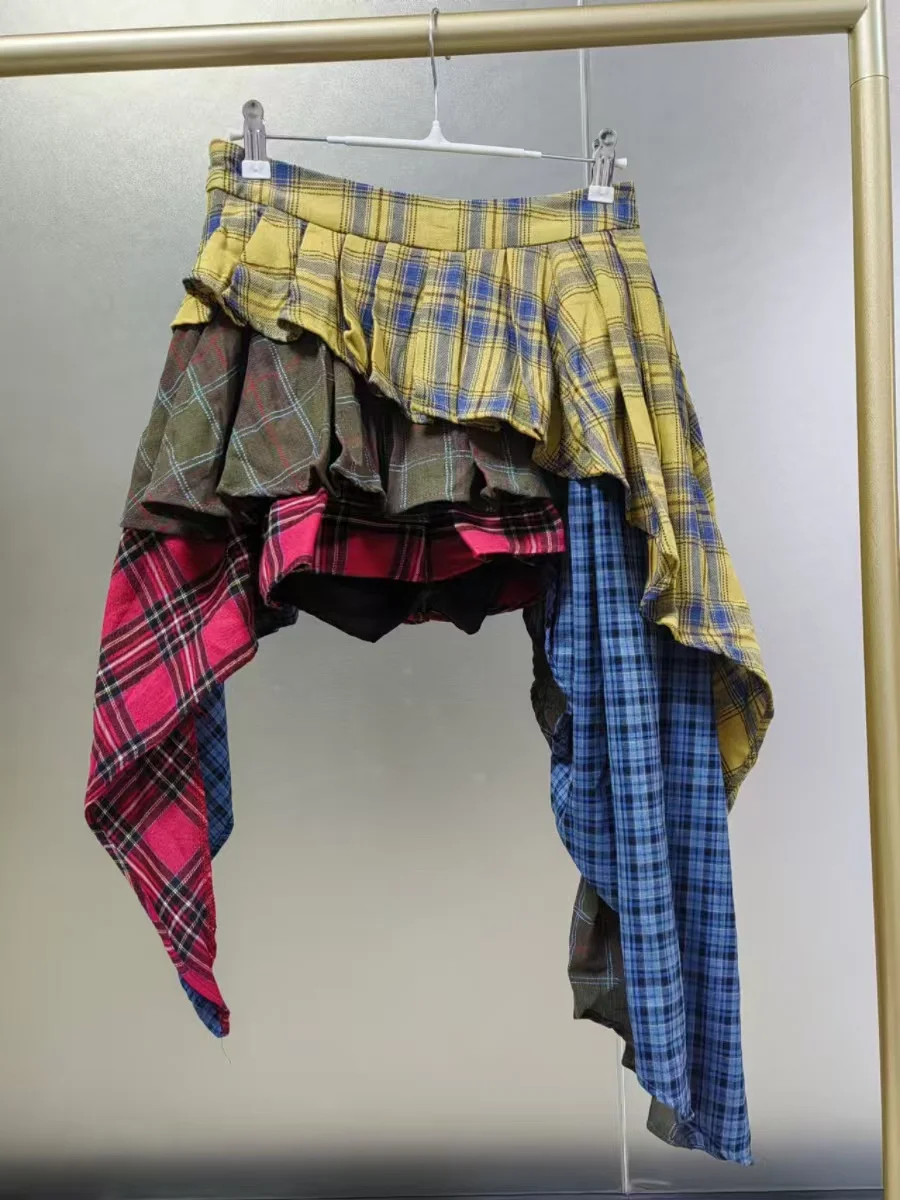 Women'S Real Y2K Fashion - リアルフォト秋のトレンド新ファッション綿チェック柄パッチワーク不規則なスカートハイウエストパンツスカート女性のストリート Y2K スカート
