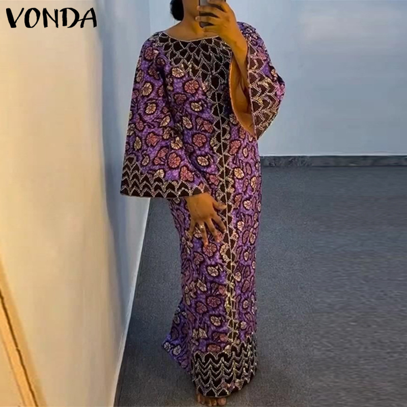 Maxi Dress Boho - プラスサイズ VONDA ボヘミアンドレス 2026 夏エレガントな女性プリントサンドレスヴィンテージフレア長袖マキシ Vestidos