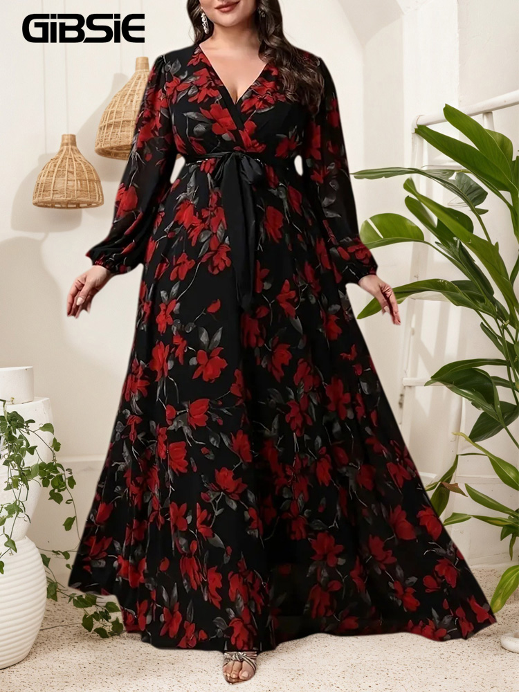 Maxi Dress Boho - GIBSIE プラスサイズ花柄プリント V ネックベルト付きドレス女性春と秋ボヘミアン休暇長袖エレガントなマキシドレス