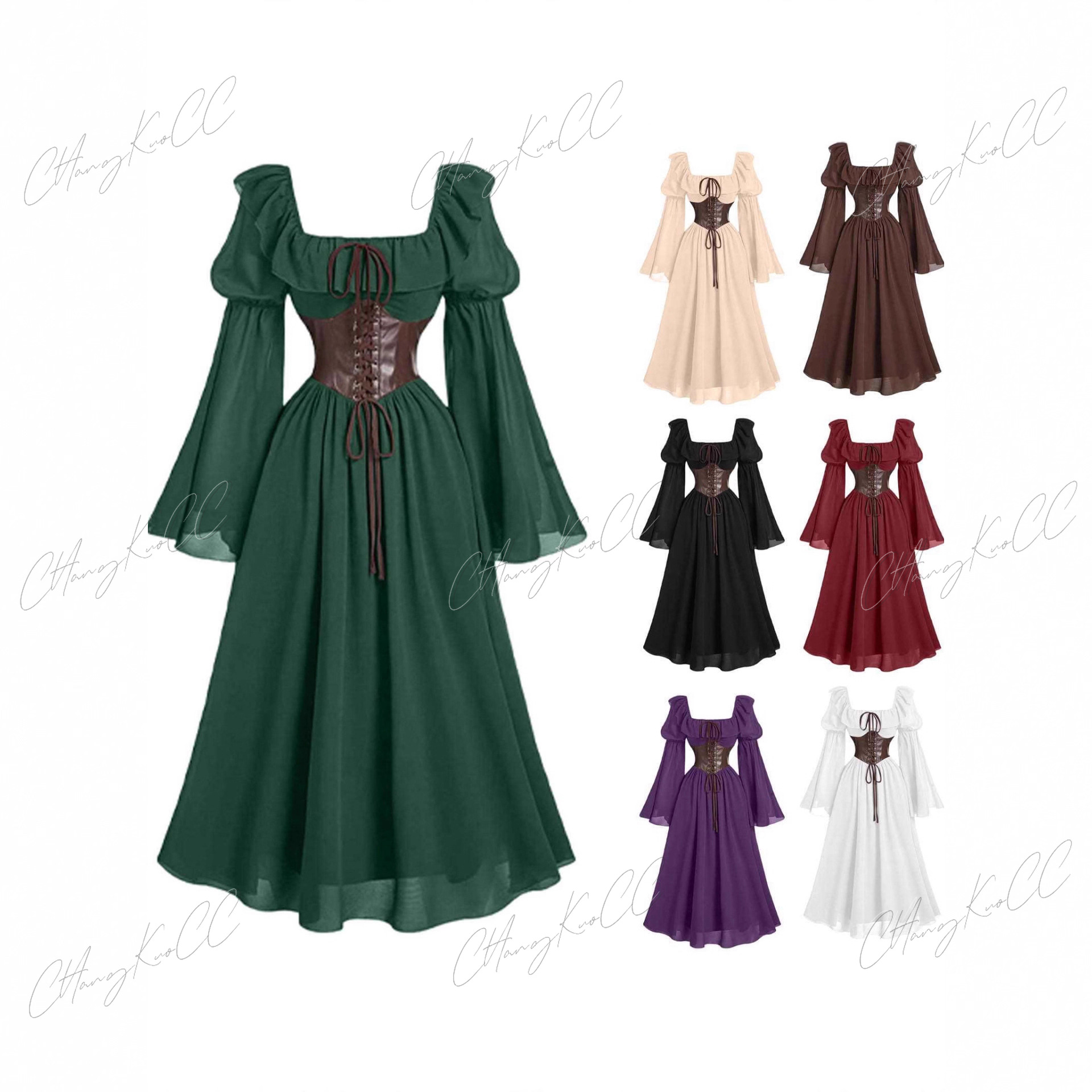 Women'S Fashion Renaissance Period - ルネッサンス時代中世風新作長袖レディースバブルスリーブドレスハロウィンファッションレトロ新作パーティーウエストシェイプドレス