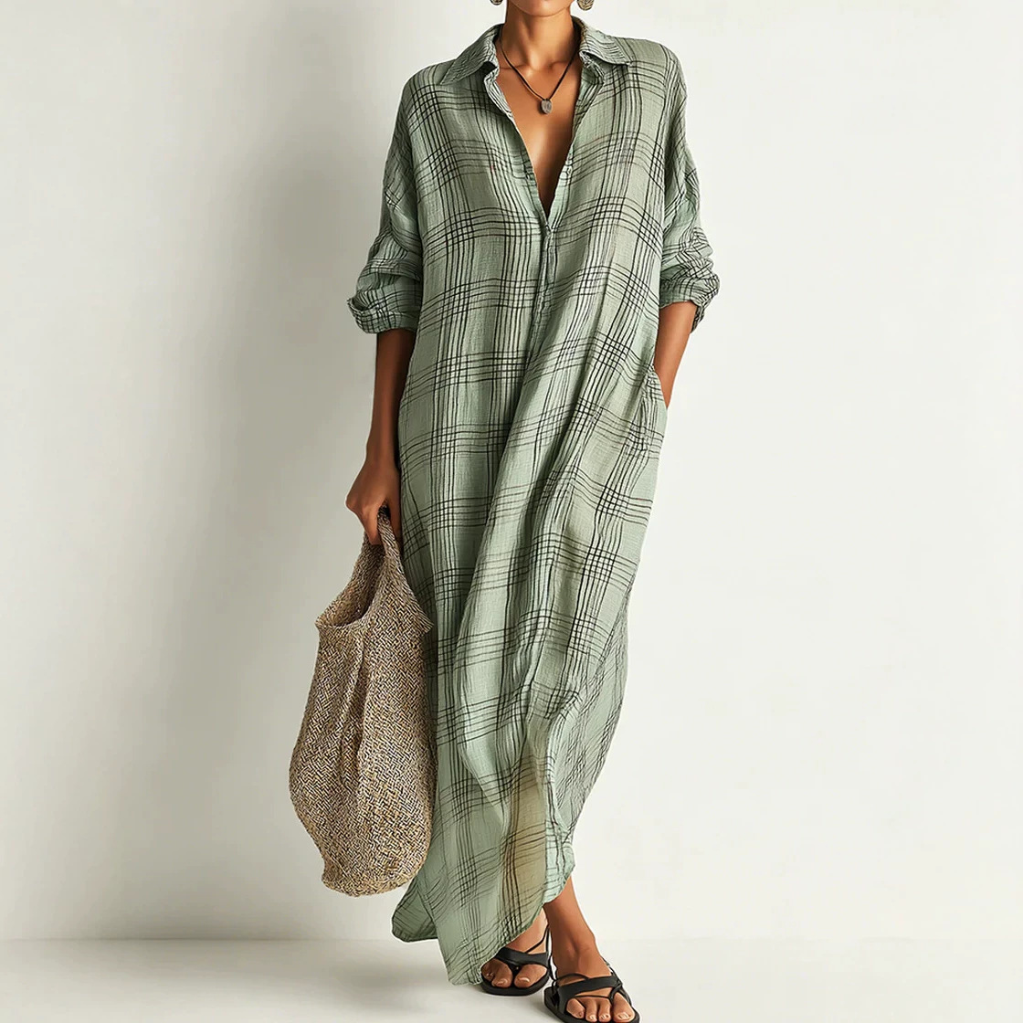 Maxi Dress Boho - プリントリネンコットンミディドレス サマードレス 花柄ボヘミアンマキシドレス ルーズフィット