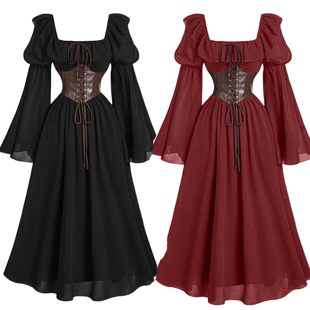 Women'S Fashion Renaissance Period - ルネッサンス時代中世長袖女性のバブルスリーブロングドレスハロウィンファッションレトロ新しいパーティーウエスト締めスカート