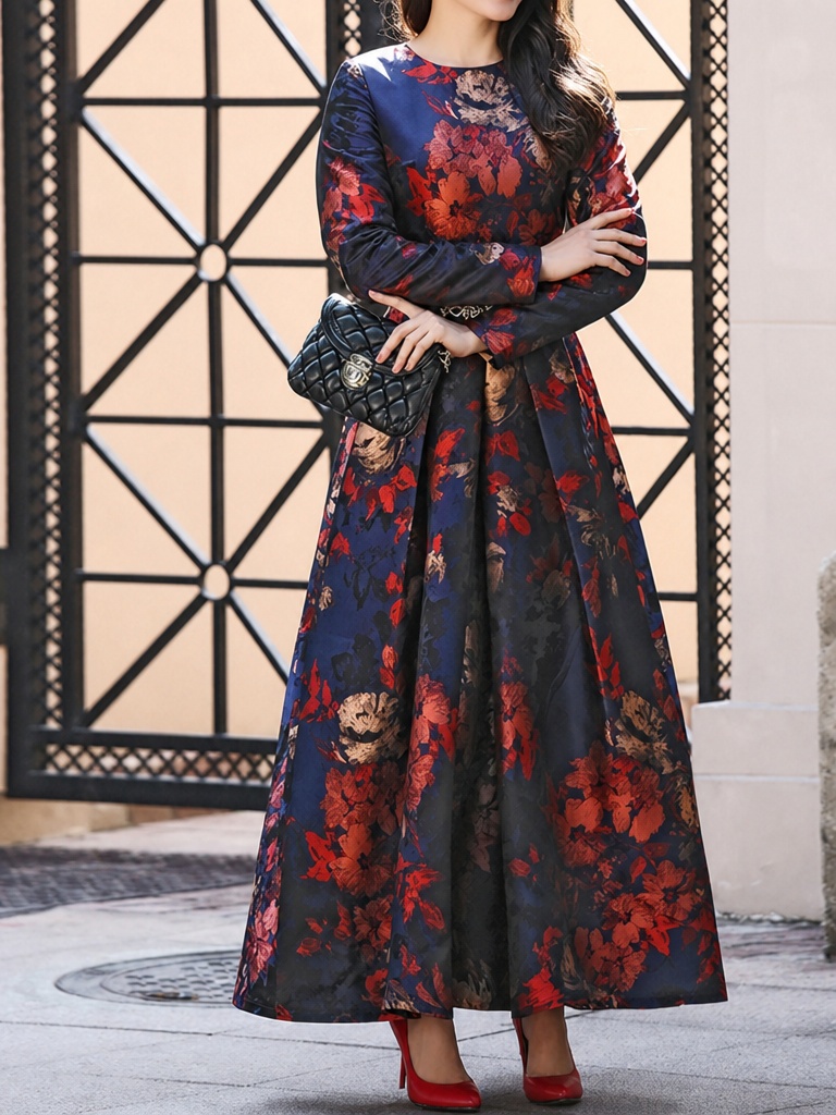 Maxi Dress Boho - DEVCHATA プラスサイズの女性用ヴィンテージボヘミアンマキシドレス、花柄ジャカード、ラウンドネック、Aライン、フォーマルパーティードレス、秋冬