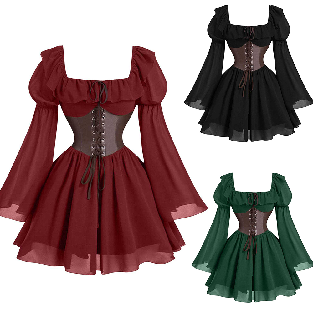 Women'S Fashion Renaissance Period - ルネッサンス時代中世風新作長袖レディースバブルスリーブドレスハロウィンファッションレトロ新作パーティーウエストシェイプスカート