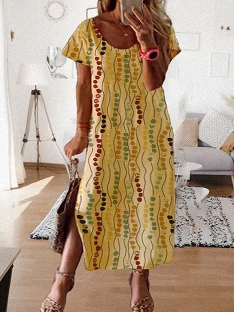 Maxi Dress Boho - プラスサイズのイエロープリントミディドレス、ラウンドネック半袖ルーズロングマキシドレス、カジュアルサマーデイリーバケーション女性用衣装