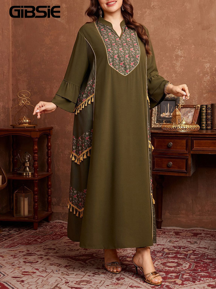 Maxi Dress Boho - GIBSIE プラスサイズ エスニックスタイル プリント タッセル アバヤドレス
