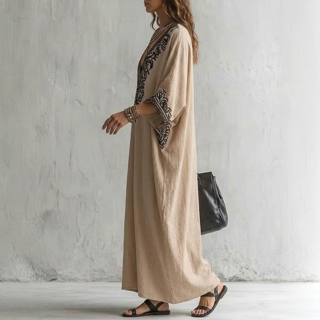 女性用ボヘミアン刺繍カフタンマキシドレス、深いVネック、バッ - Maxi Dress Boho のレビューと価格