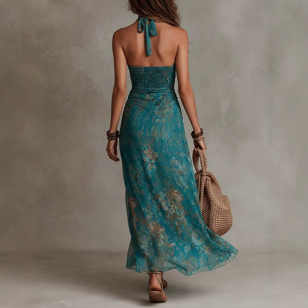 レディース ホルター ディープ V プリント スプリット ボ - Maxi Dress Boho のレビューと価格