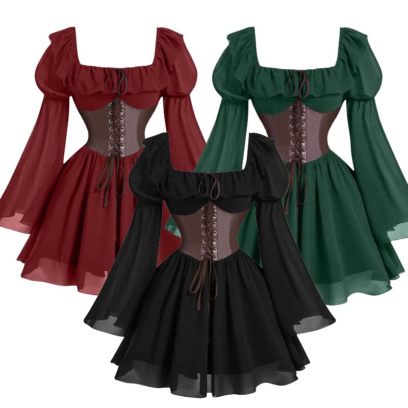 新しい中世ルネッサンス時代の長袖女性用バブルスリーブドレスハ - Women'S Fashion Renaissance Period のレビューと価格