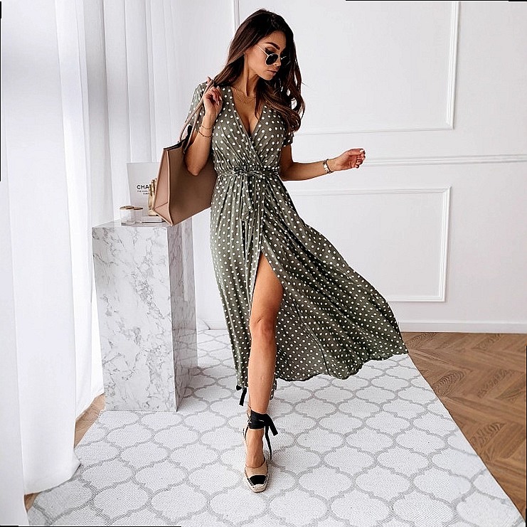 夏用ボヘミアンポルカドットプリントVネック半袖マキシドレスド - Maxi Dress Boho のレビューと価格