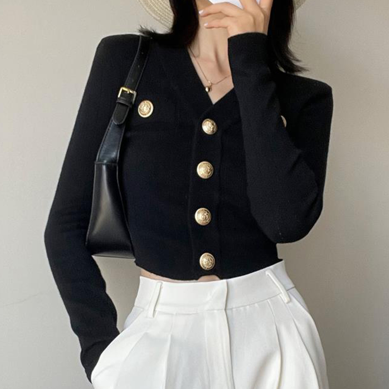 ゴールドボタンフロントニットカーディガン女性長袖クロップセー - Women'S Fashion From The 90S のレビューと価格