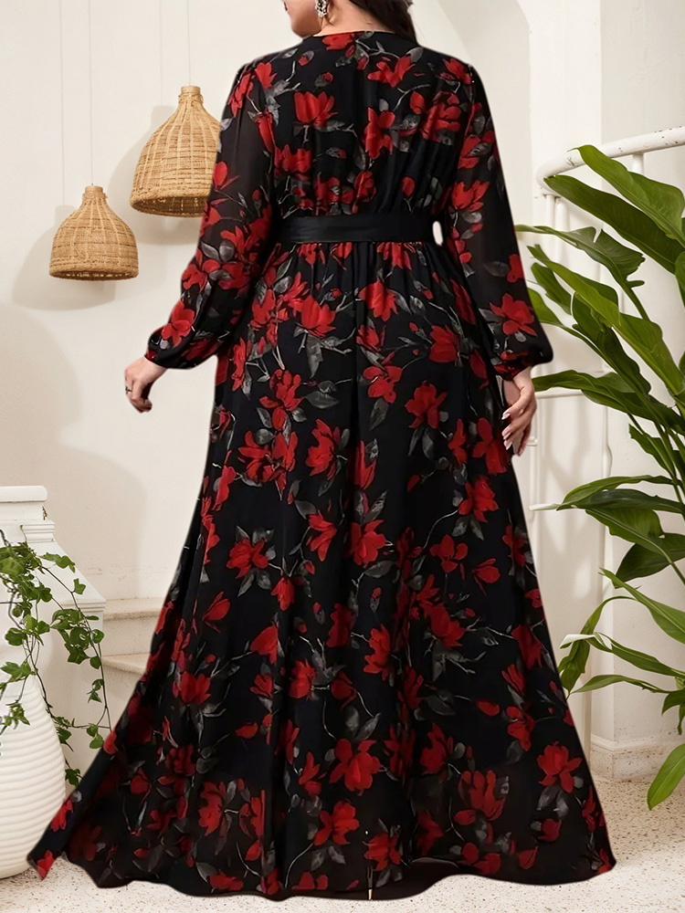 GIBSIE プラスサイズ花柄プリント V ネックベルト付き - Maxi Dress Boho のレビューと価格