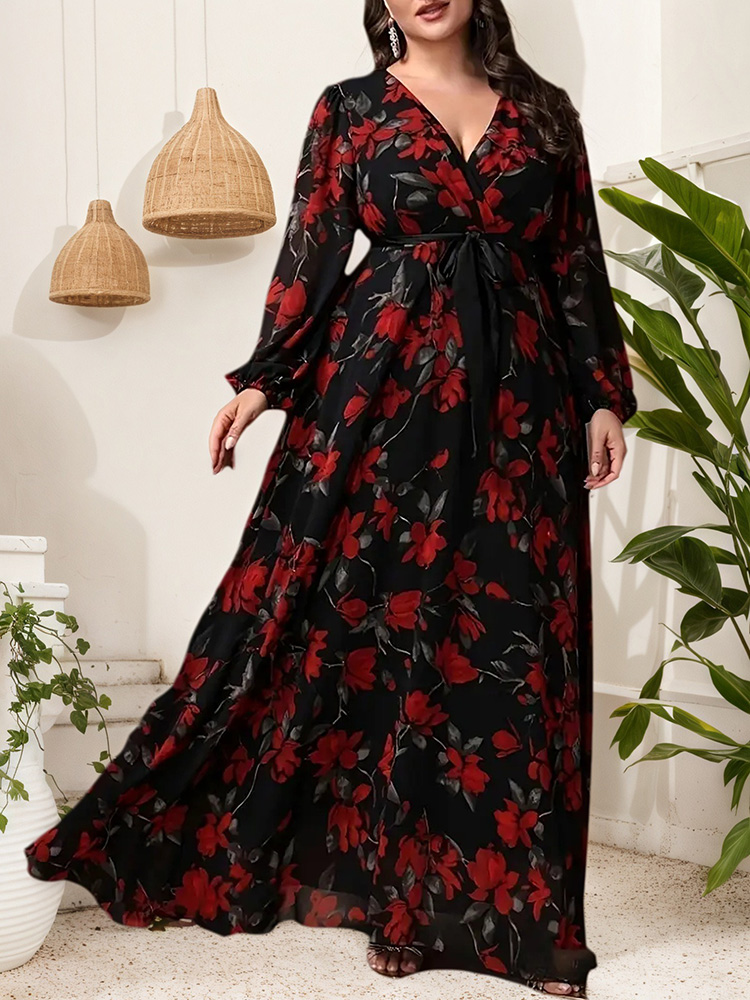 GIBSIE プラスサイズ花柄プリント V ネックベルト付き - Maxi Dress Boho のレビューと価格