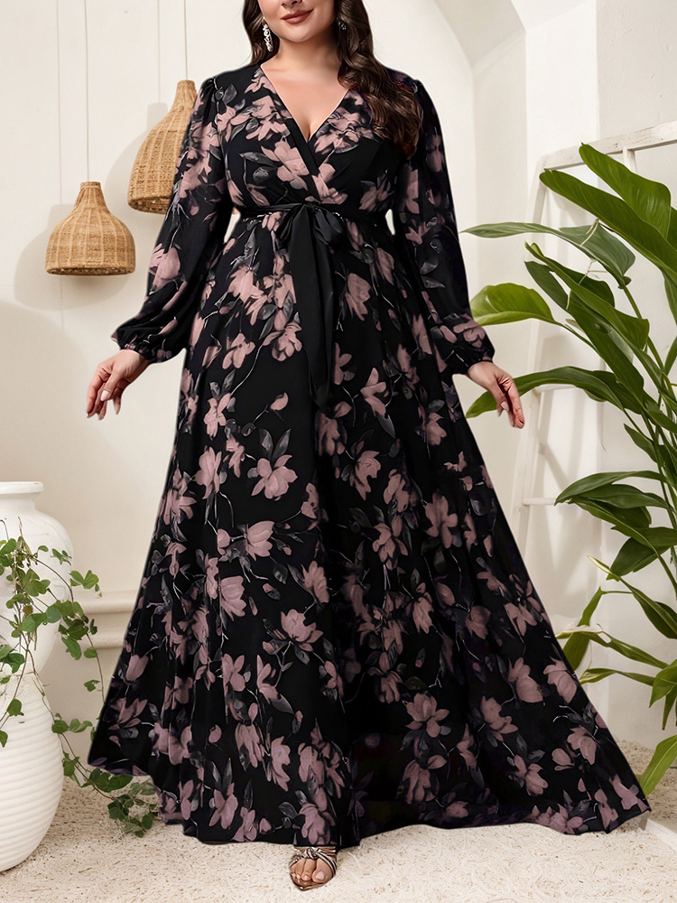 GIBSIE プラスサイズ花柄プリント V ネックベルト付き - Maxi Dress Boho のレビューと価格