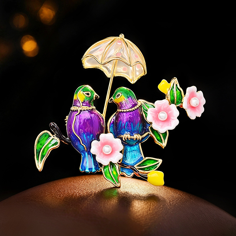 ミニマリストなエナメルカラーのダブルバード傘花ブローチ、遊び - Women'S Fashion Umbrella のレビューと価格