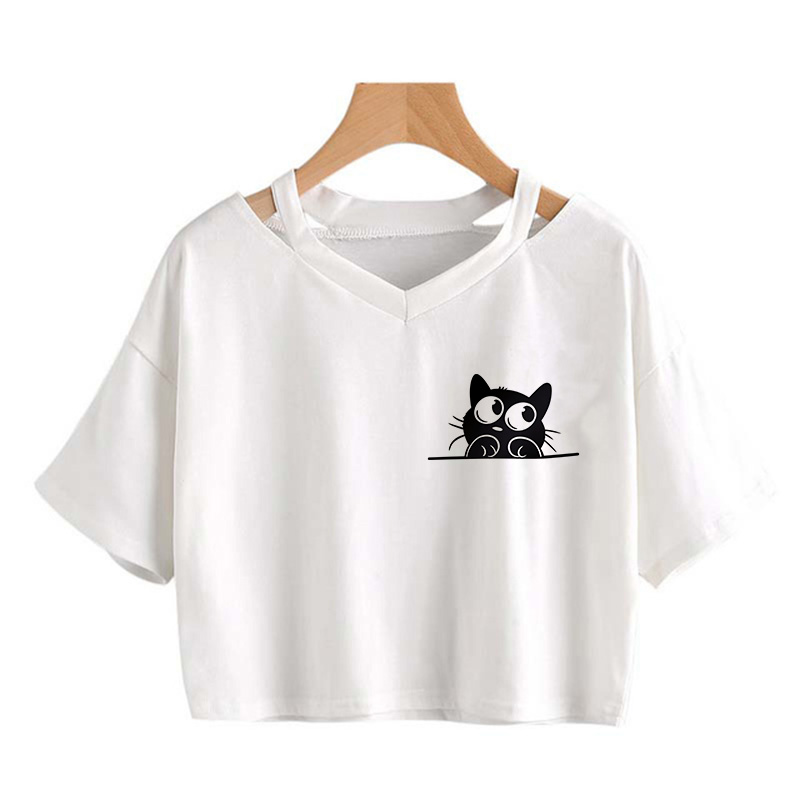 面白い黒猫プリントクロップドTシャツ レディース Vネック半 - Women'S Fashion From The 90S のレビューと価格