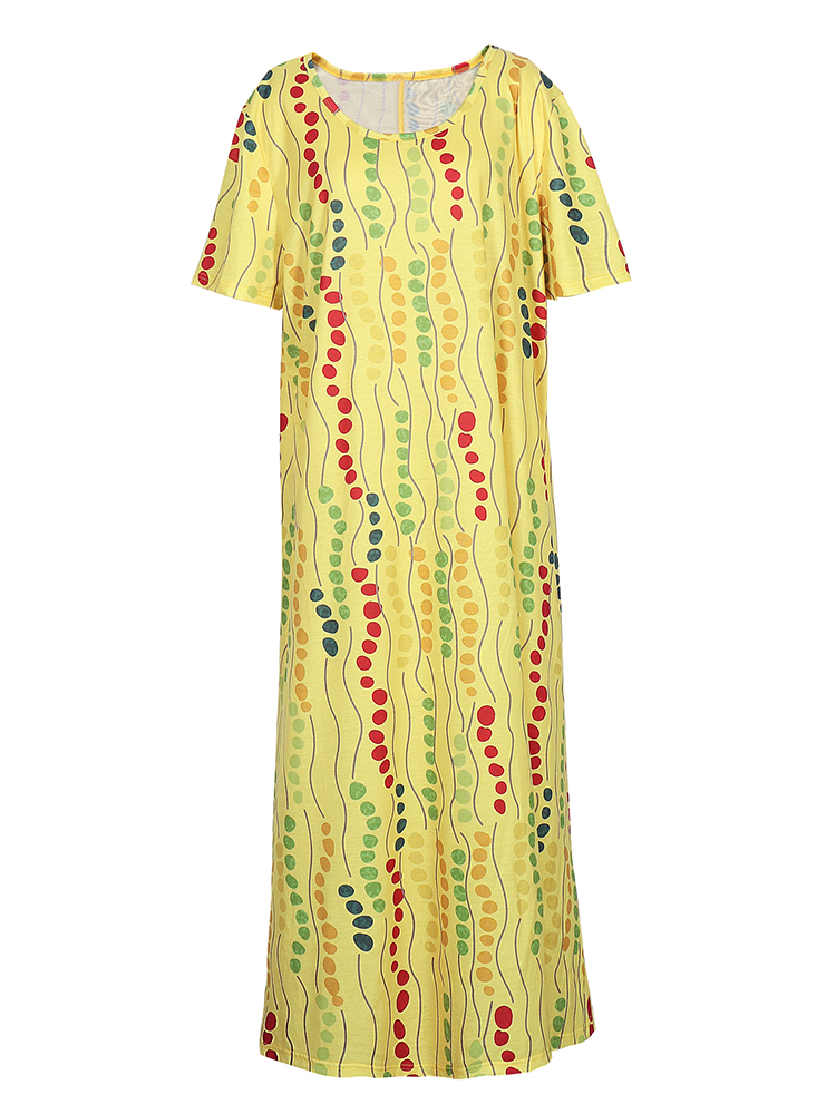 プラスサイズのイエロープリントミディドレス、ラウンドネック半 - Maxi Dress Boho のレビューと価格