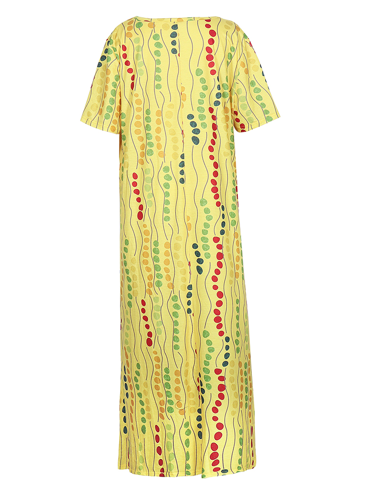 プラスサイズのイエロープリントミディドレス、ラウンドネック半 - Maxi Dress Boho のレビューと価格